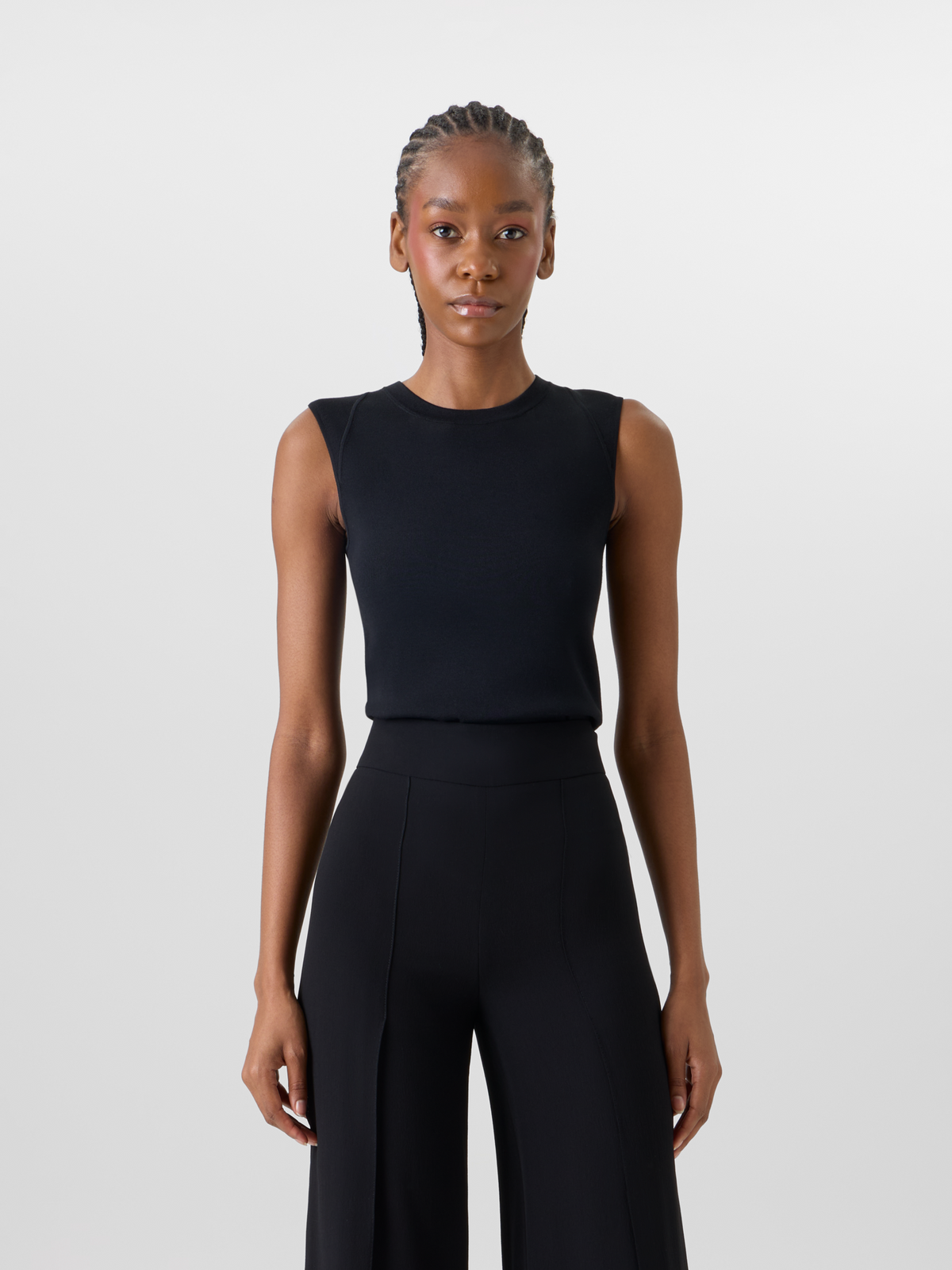Designer Sleeveless Stretch-Silk Knit Top - black #editorial