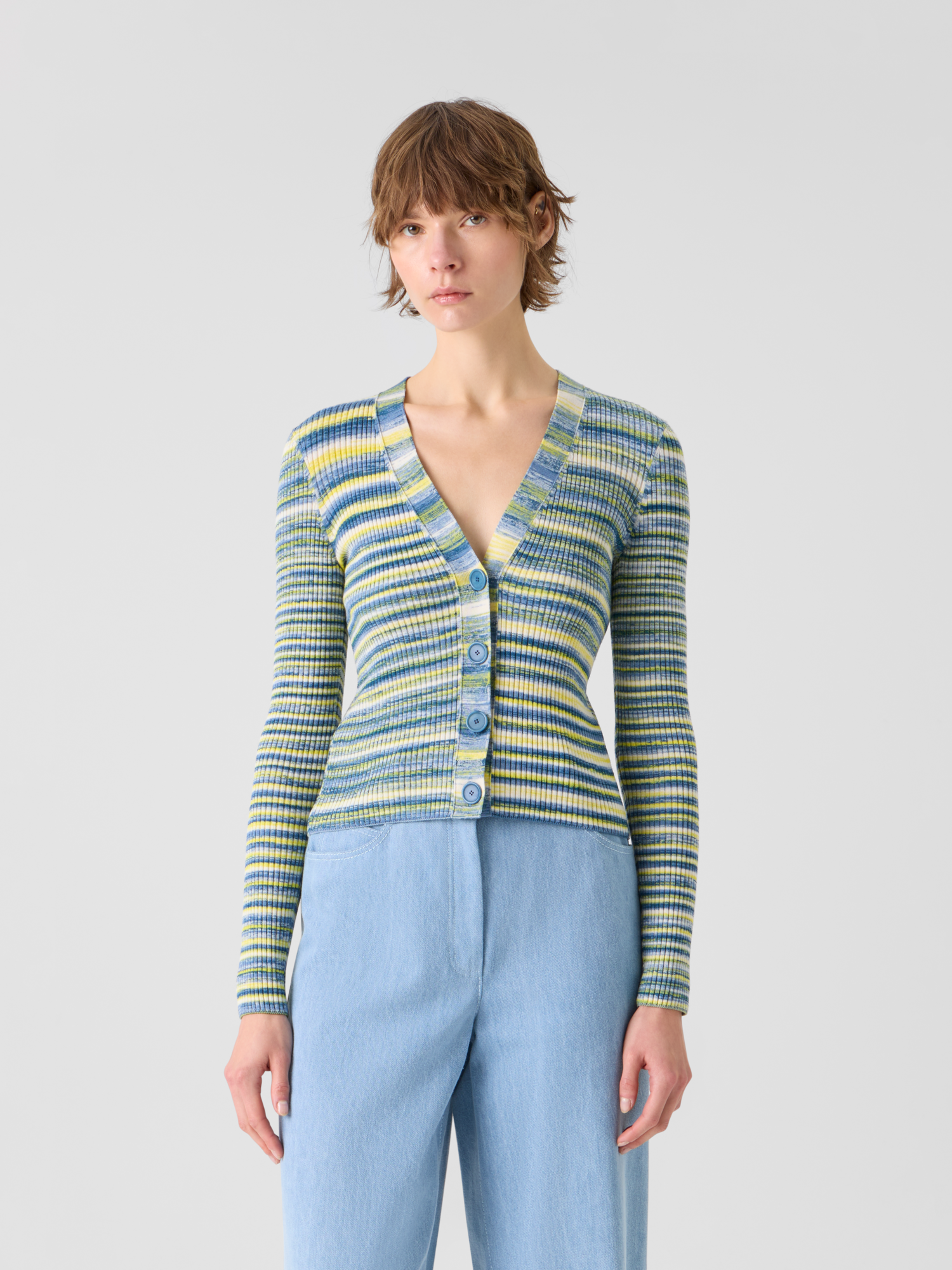 Designer Space-Dye Rib Merino Wool Knit Cardigan - multicolor