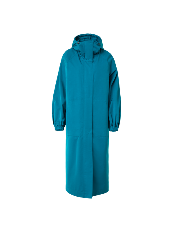 Designer Long Water Repellent Coat with Hood - blue
