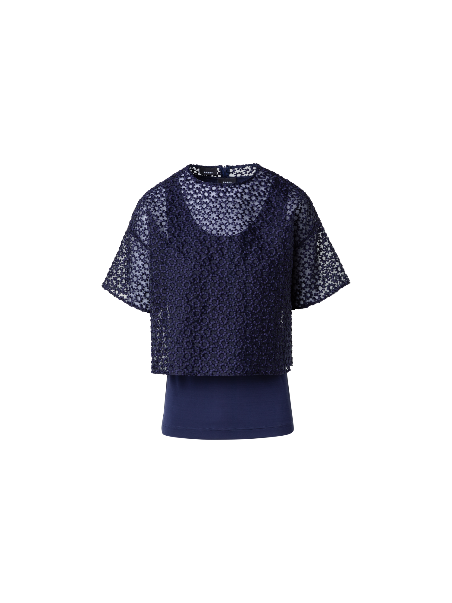 Designer St.Gallen Flower Embroidery Organza Blouse - navy - blue