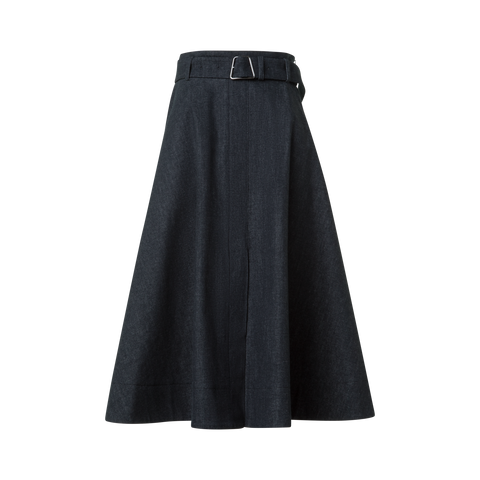 Flared A-Line Midi Skirt in Cotton Denim