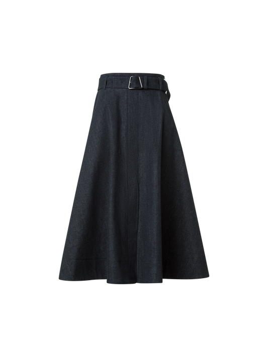 Designer Flared A-Line Midi Skirt in Cotton Denim - black - neutral