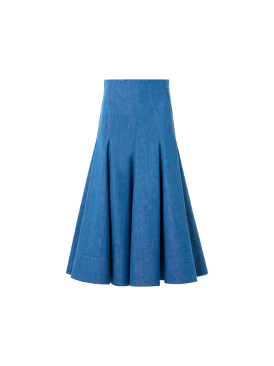 Designer Diagonal Godet Cotton Stretch Denim Midi Skirt - blue