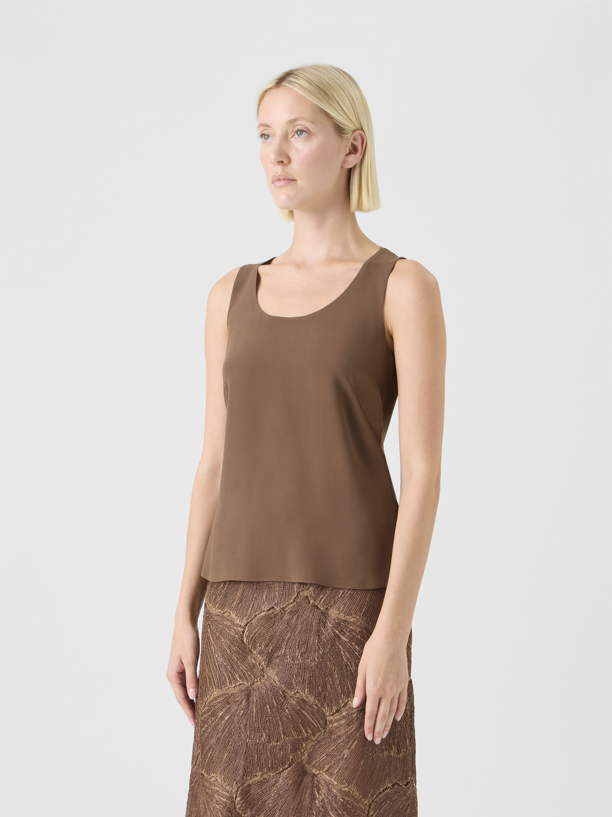 Designer Silk Georgette Scoop-Neck Top - brown #editorial