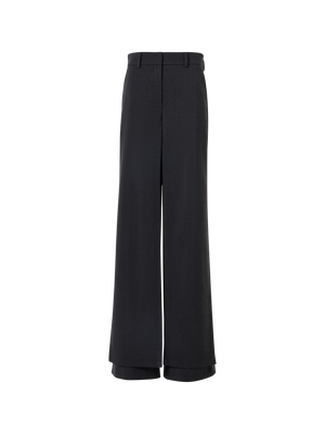 Designer Wide Wool Gabardine Pants with Front Overlayer - grey