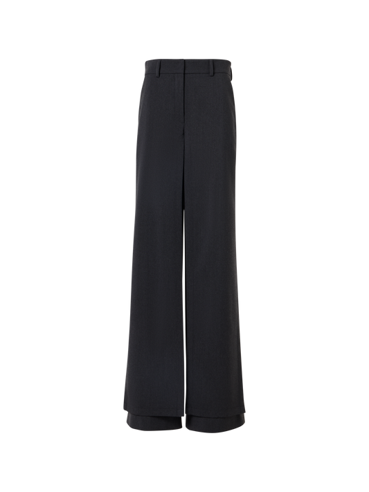 Designer Wide Wool Gabardine Pants with Front Overlayer - grey