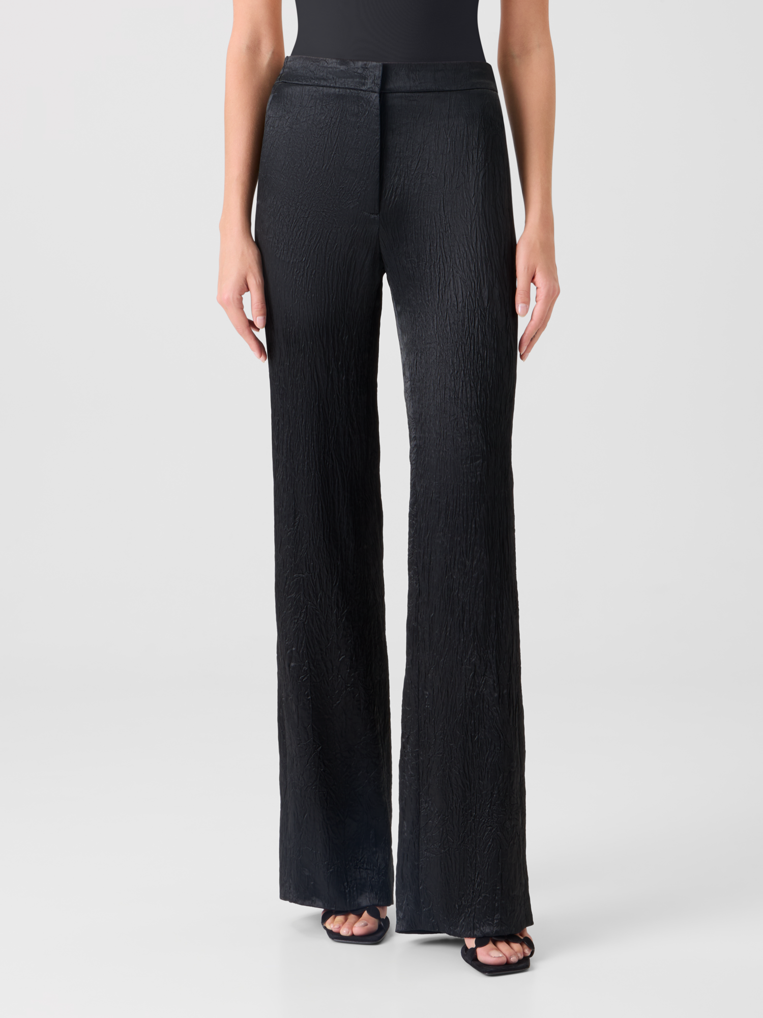 Designer Marla Elastic Waist Crinkled Satin Straight Pants - black 