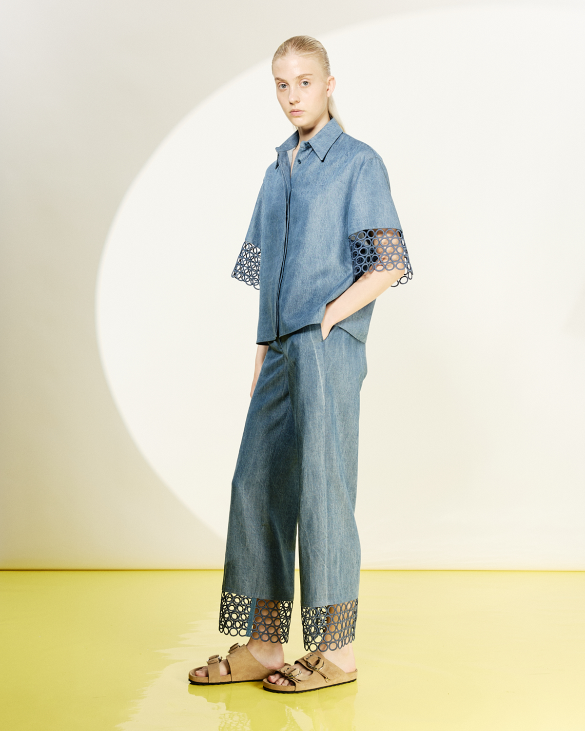 Designer Marlon High Waist Denim Cropped Pants with Eyelet Guipure - blue #editorial