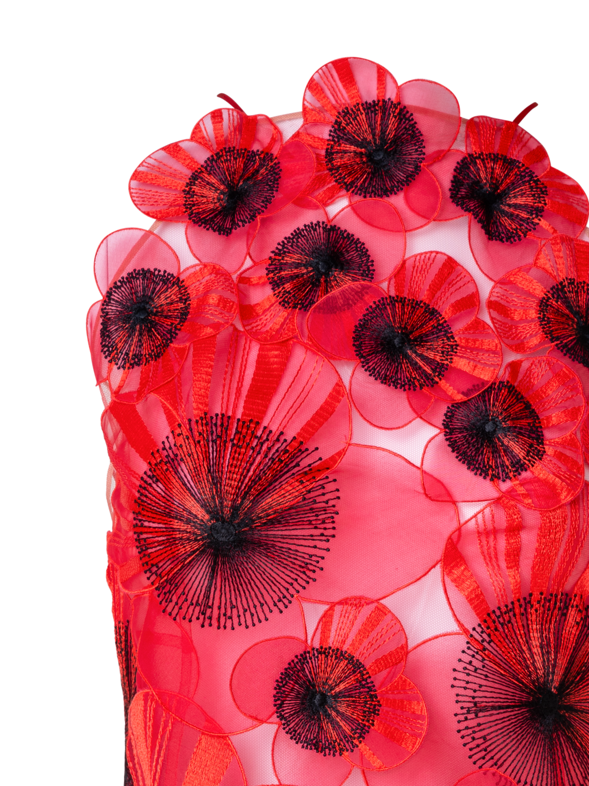 Designer Short Open Back Dress with Poppy Embroidery - red