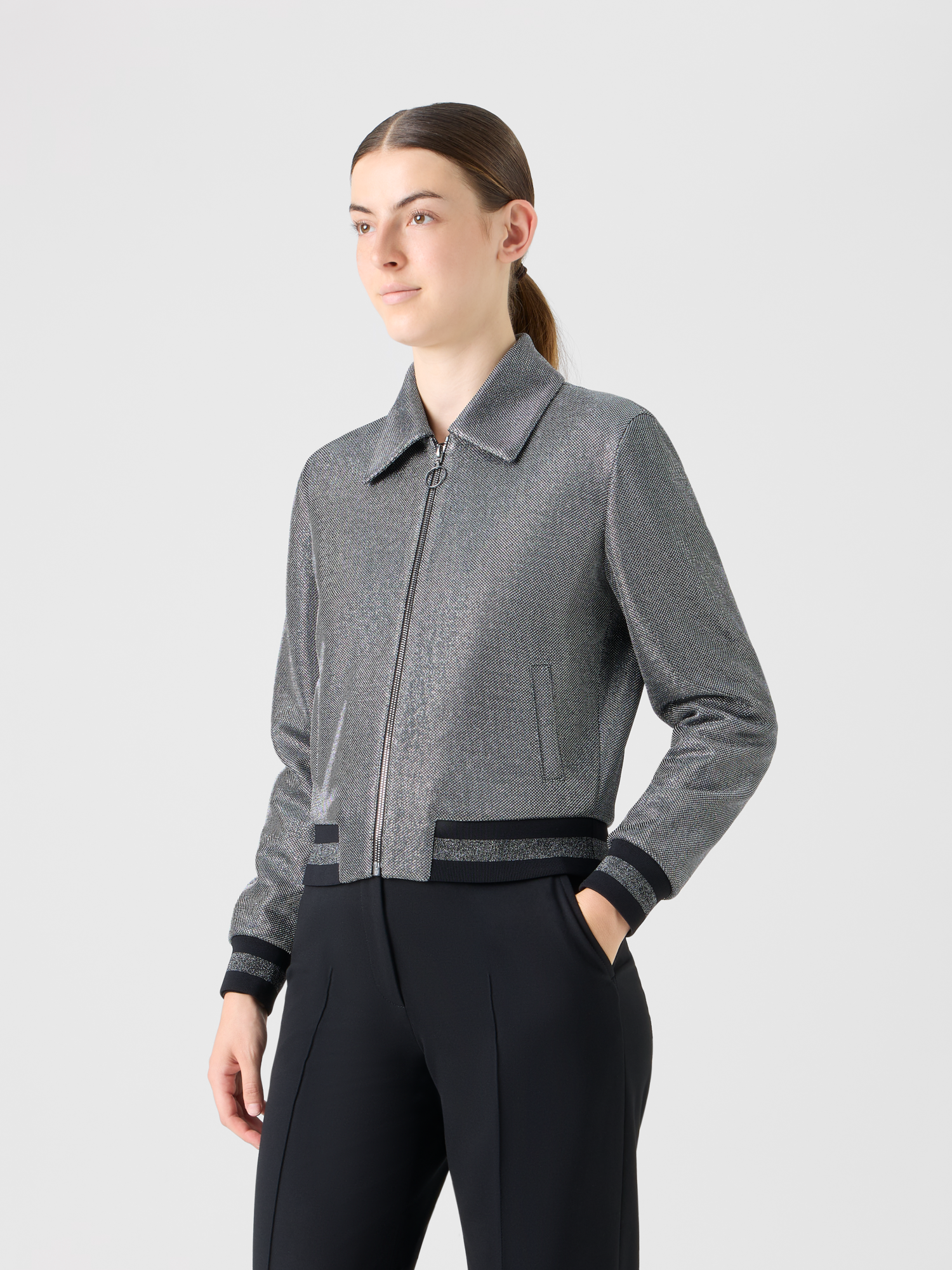 Designer Metallic Birdseye Jersey Bomber Jacket - grey 