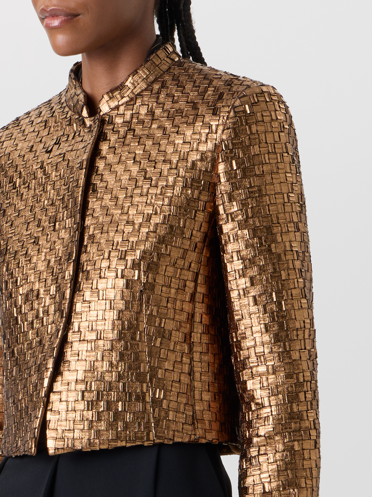 Designer Short Metal Braid Jacket with Satin Details - gold 