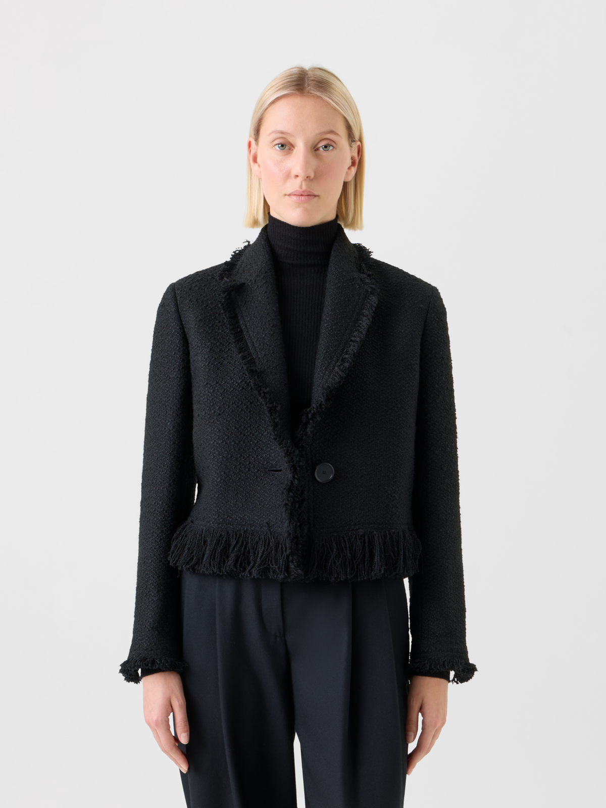 Cropped Bouclé Tweed Jacket with Fringe Hem – Akris Inc.