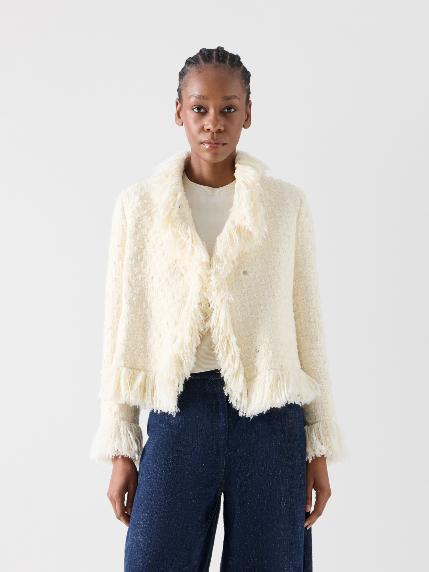 Designer Tweed Jacket with Fringed Edges - ecru 