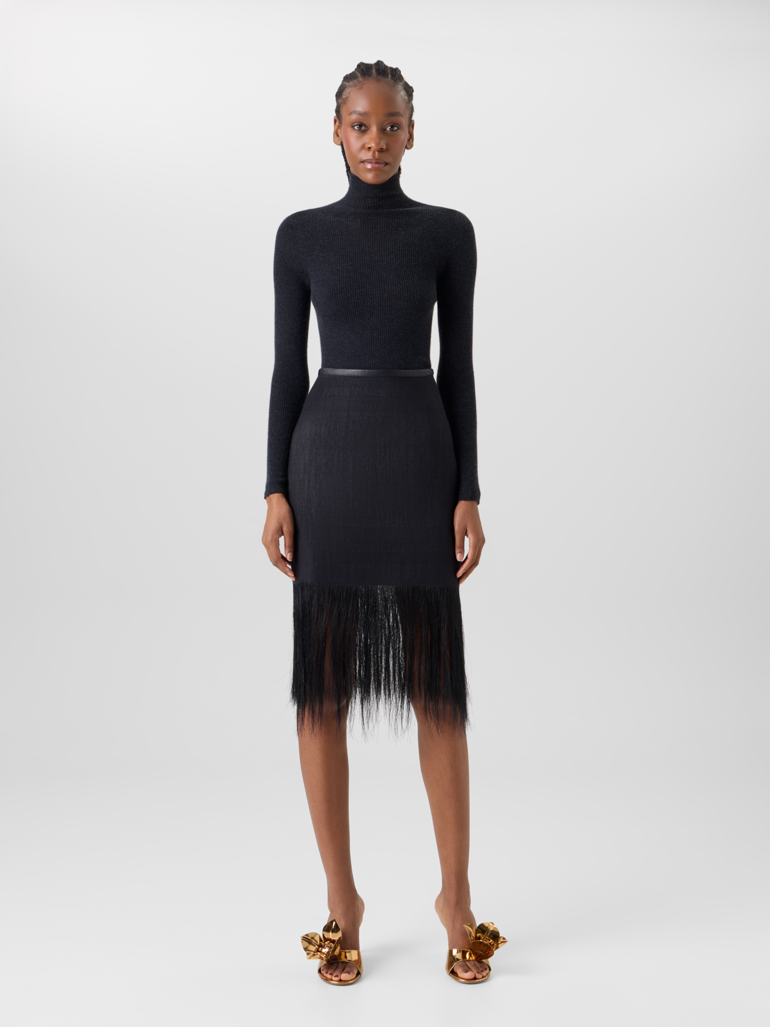 Designer Horsehair Pencil Skirt with Fringed Hem - black 