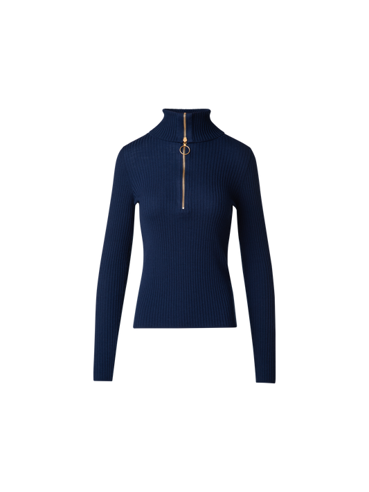 Designer Ribbed Merino Sweater with XL-Collar - navy - blue