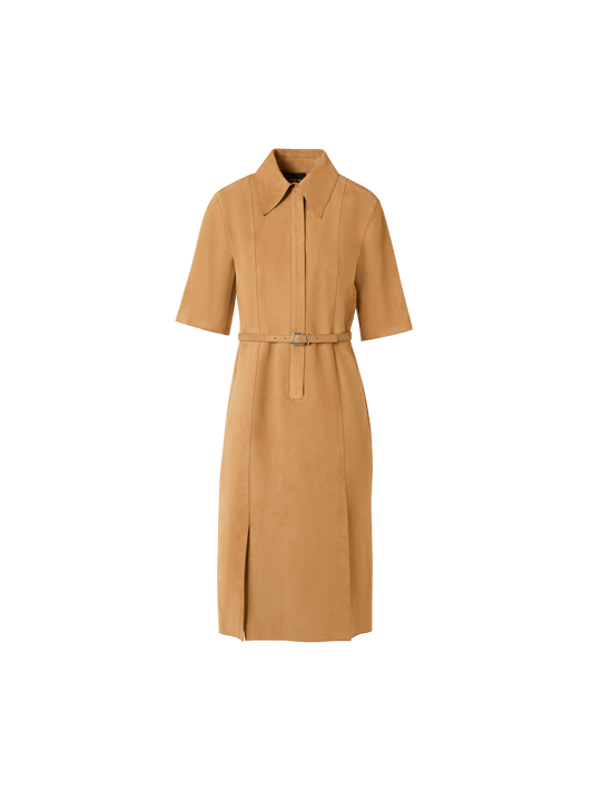 Designer Short-Sleeve Suede Shirt Dress - neutral