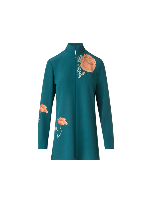 Designer Silk Tunic Blouse with Anemone Print - green - multicolor