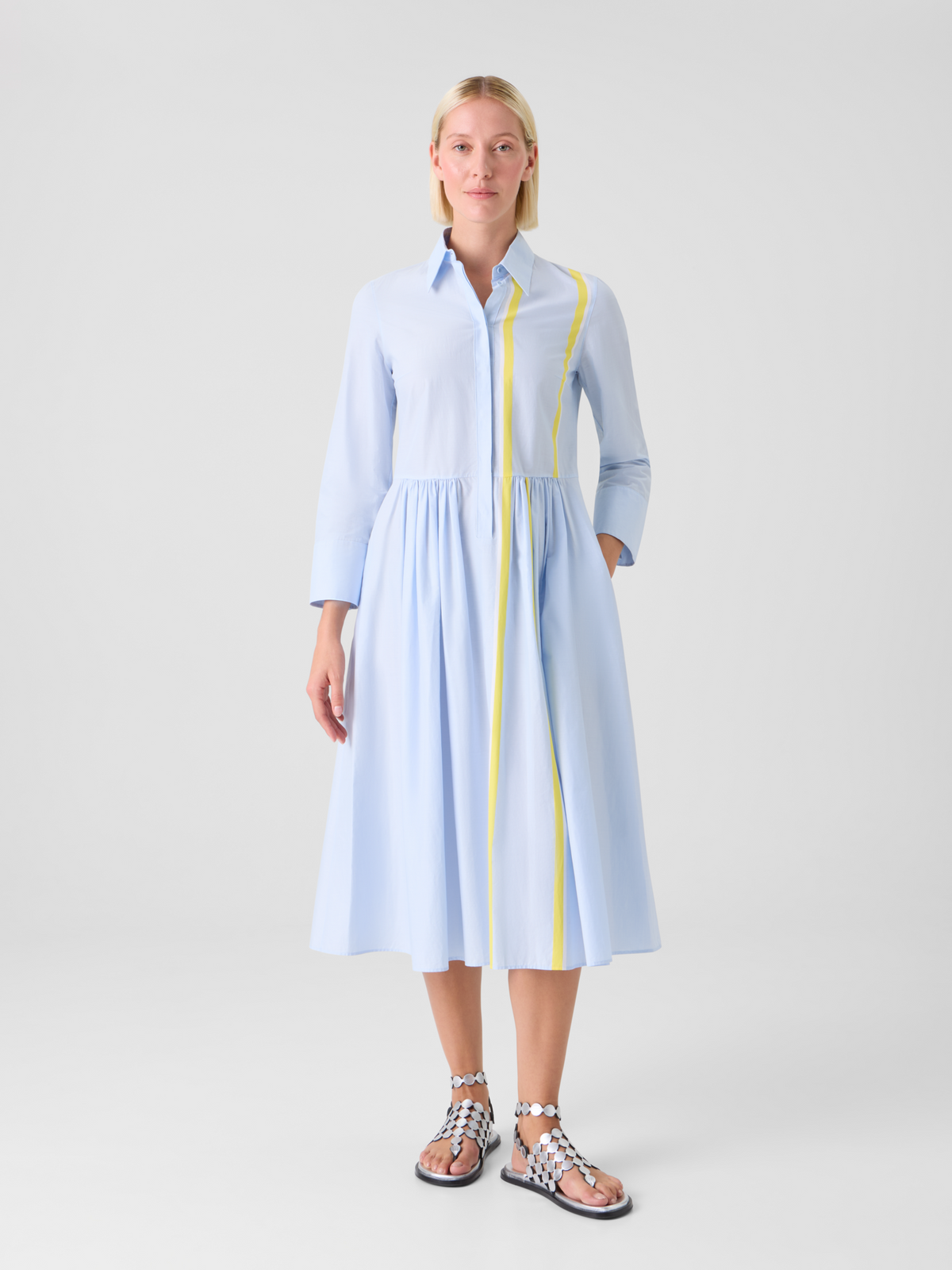 Designer Striped Cotton Chambray Midi Shirt Dress - blue - multicolor