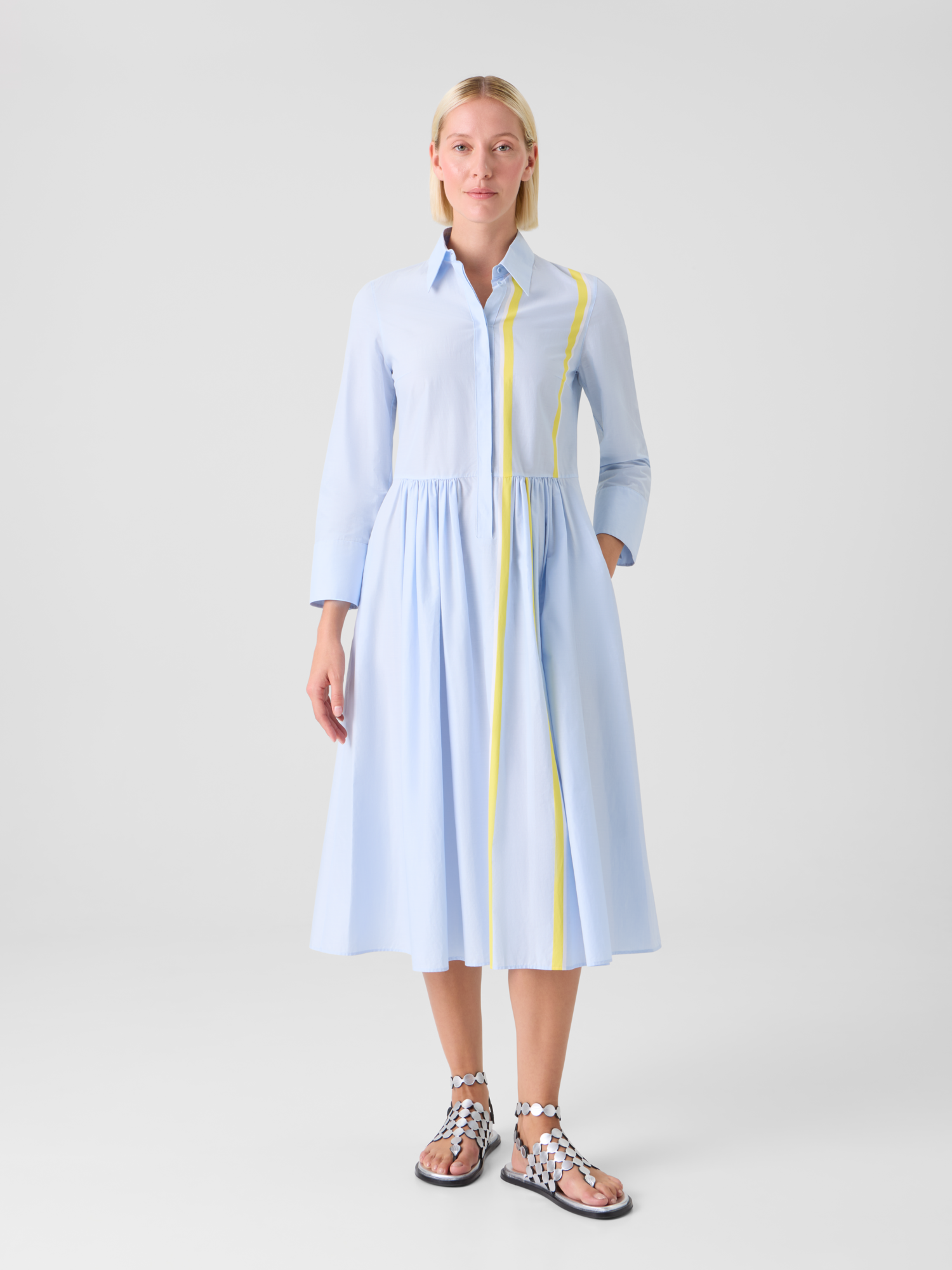 Designer Striped Cotton Chambray Midi Shirt Dress - blue - multicolor