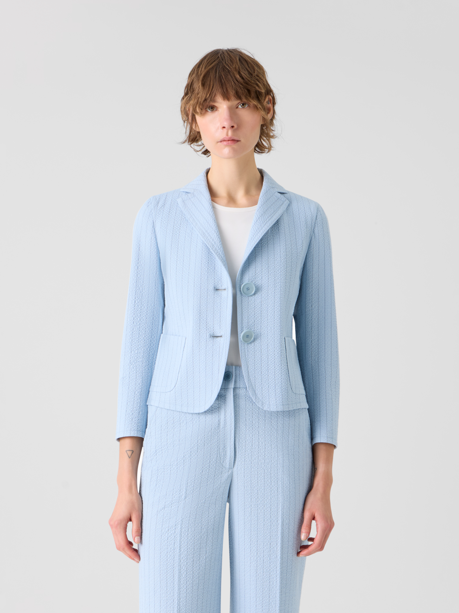 Designer Fitted Cotton Stripe Seersucker Lapel Jacket - blue 
