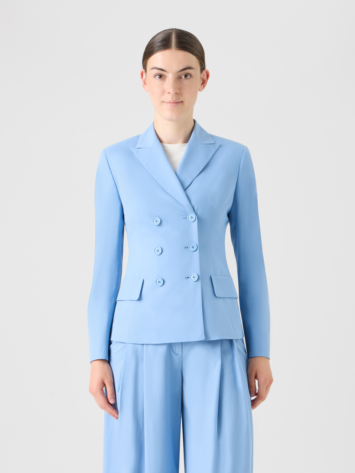 Designer Double-Breasted Cotton Stretch Gabardine Jacket - blue 