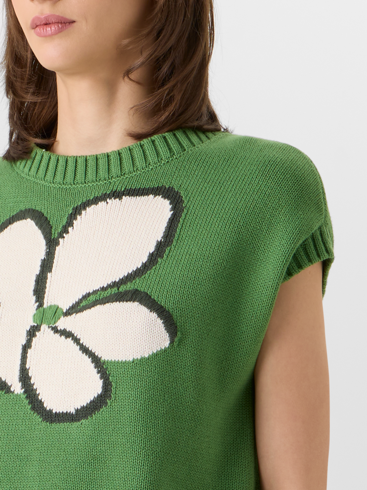 Designer Cap-Sleeve Papercut Flower Knit Sweater - green #editorial