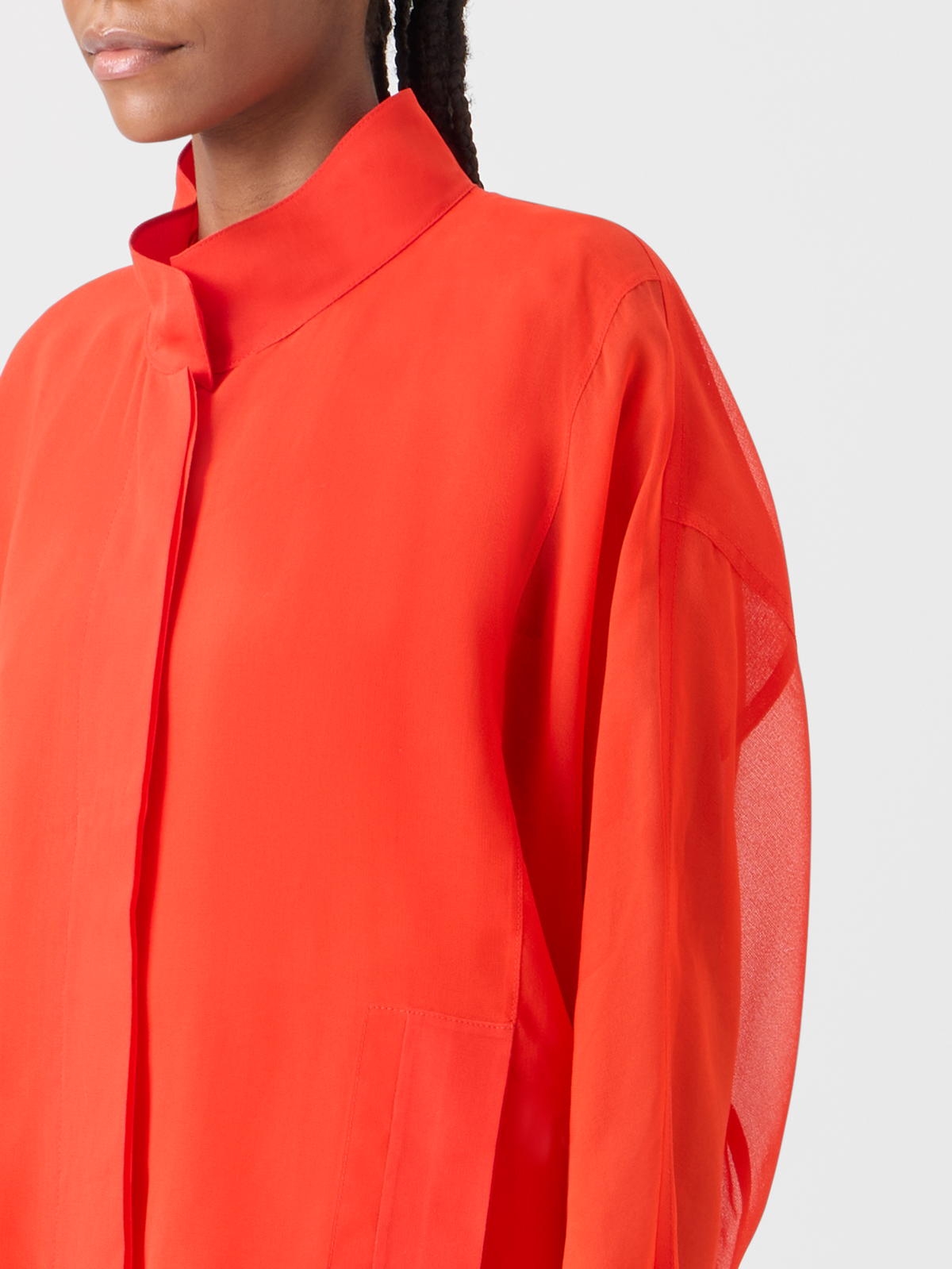 Designer Huma Oversize Parka Jacket in Silk Organza - red #editorial