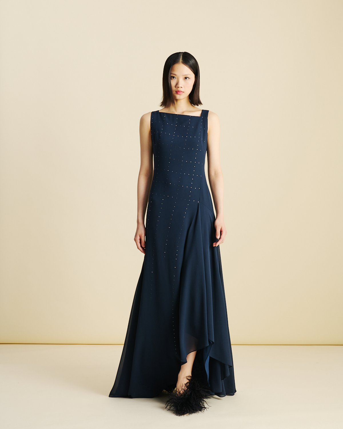 Designer Swarovski Crystal Square Studs Gown with Slit - neutral - navy - blue #editorial