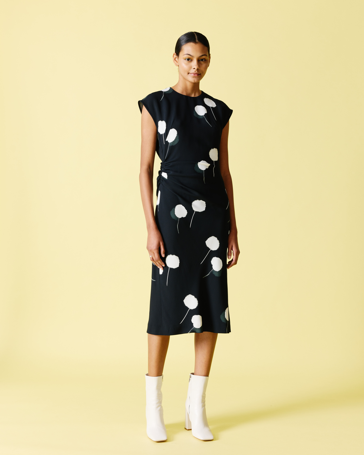 Designer Dandelion Print Midi Dress with Removable Bow - black - multicolor #editorial