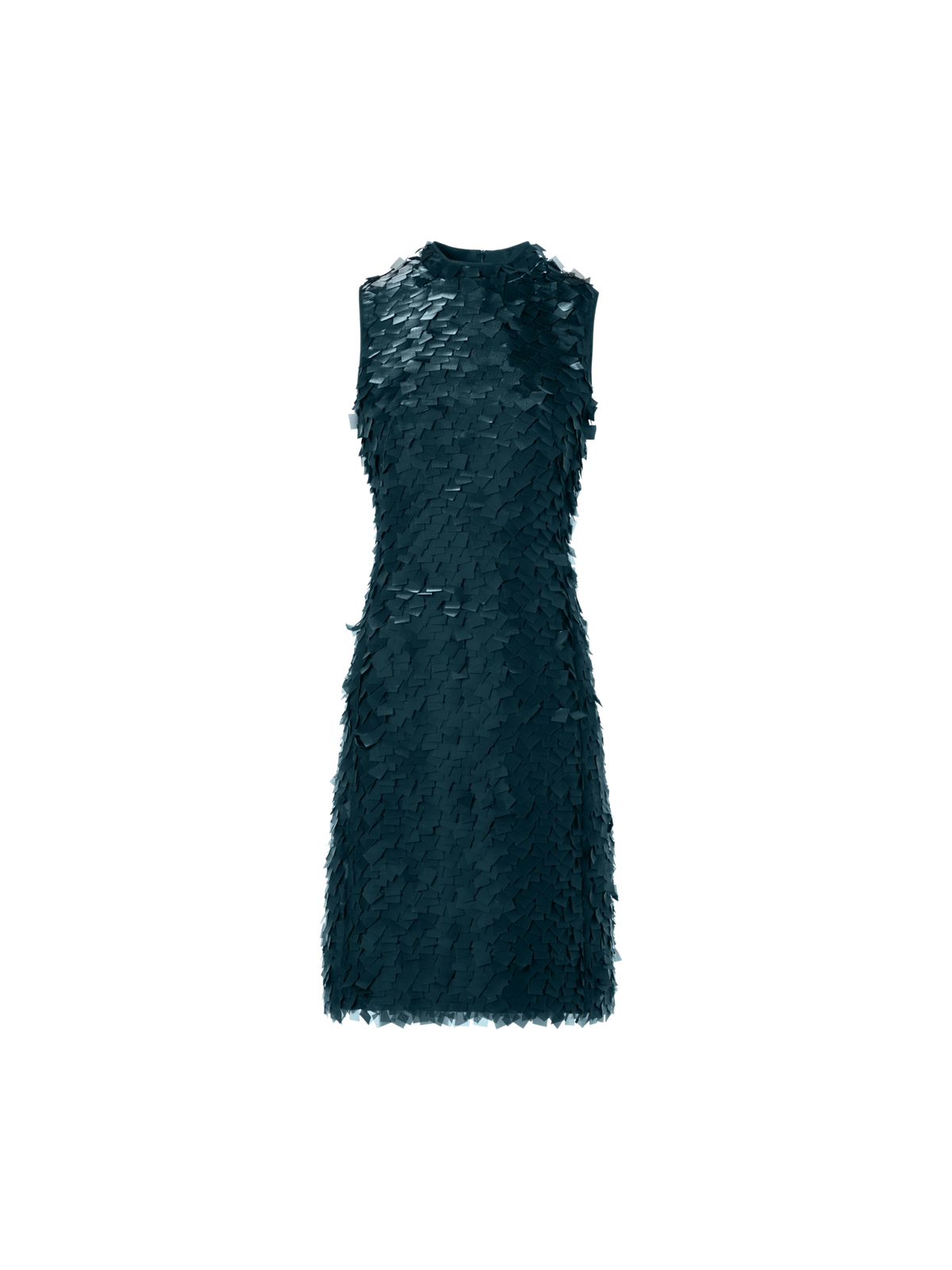 Designer Sleeveless Sheath Dress in Layered Organza Tiles - green