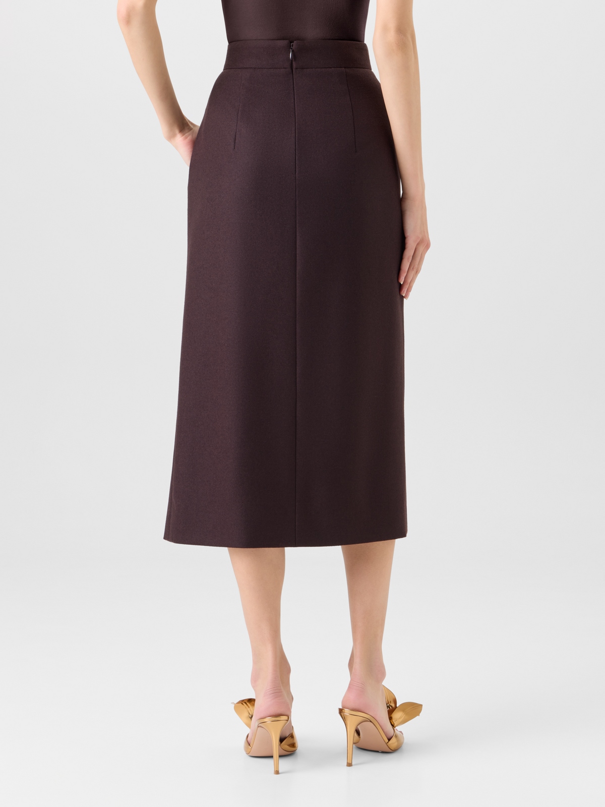 Designer Pleated Midi Pencil Skirt in Wool Flannel - brown #editorial