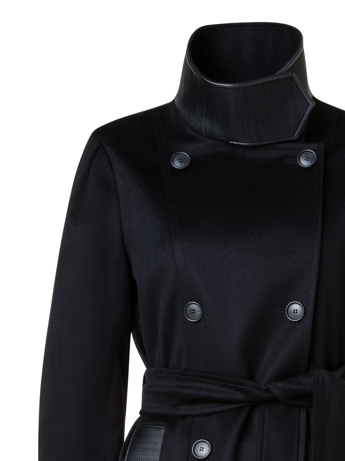Designer Cashmere Coat with Horsehair Collar and Pocket - black