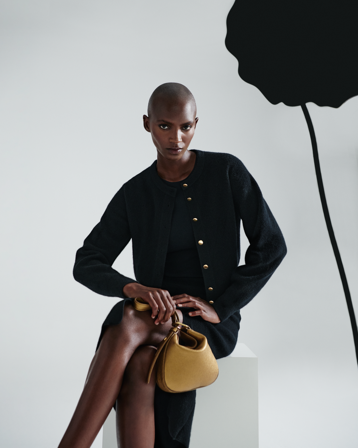 Designer Ribbed Cashmere Cardigan with Gold Buttons - black #editorial