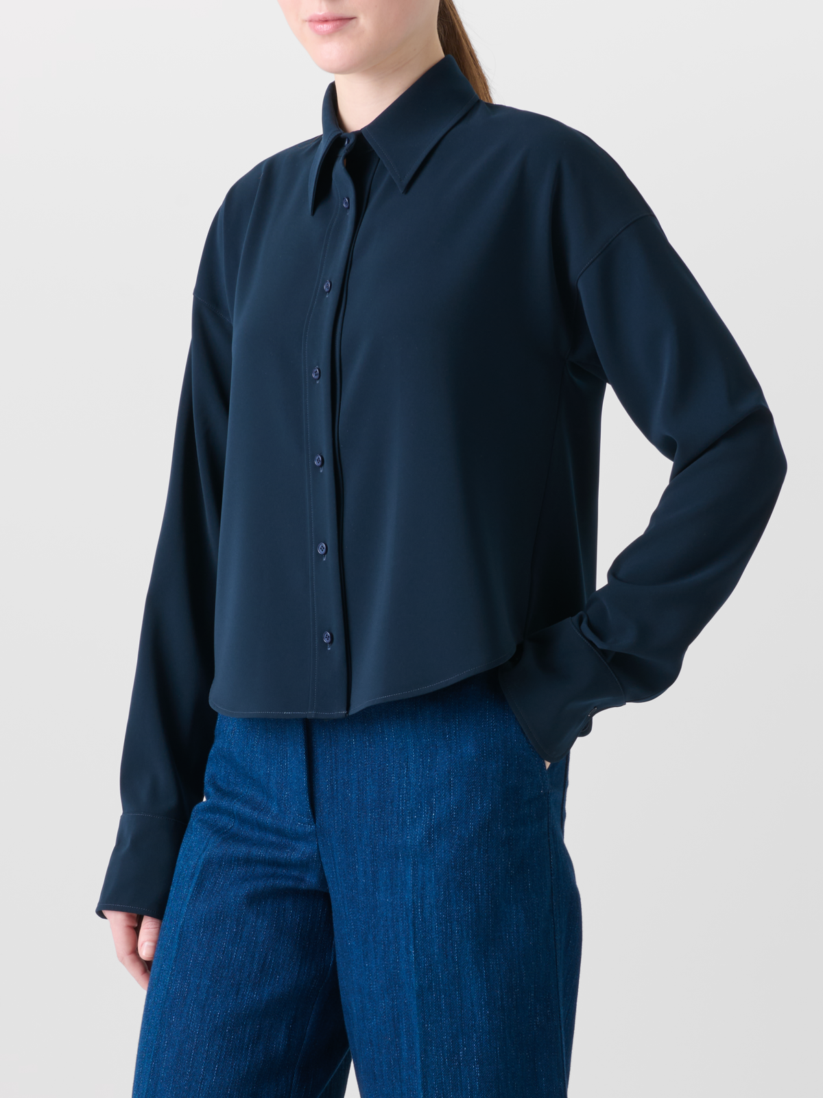 Designer Cropped Boxy Blouse in Signature Laser Cut - neutral - navy - blue #editorial