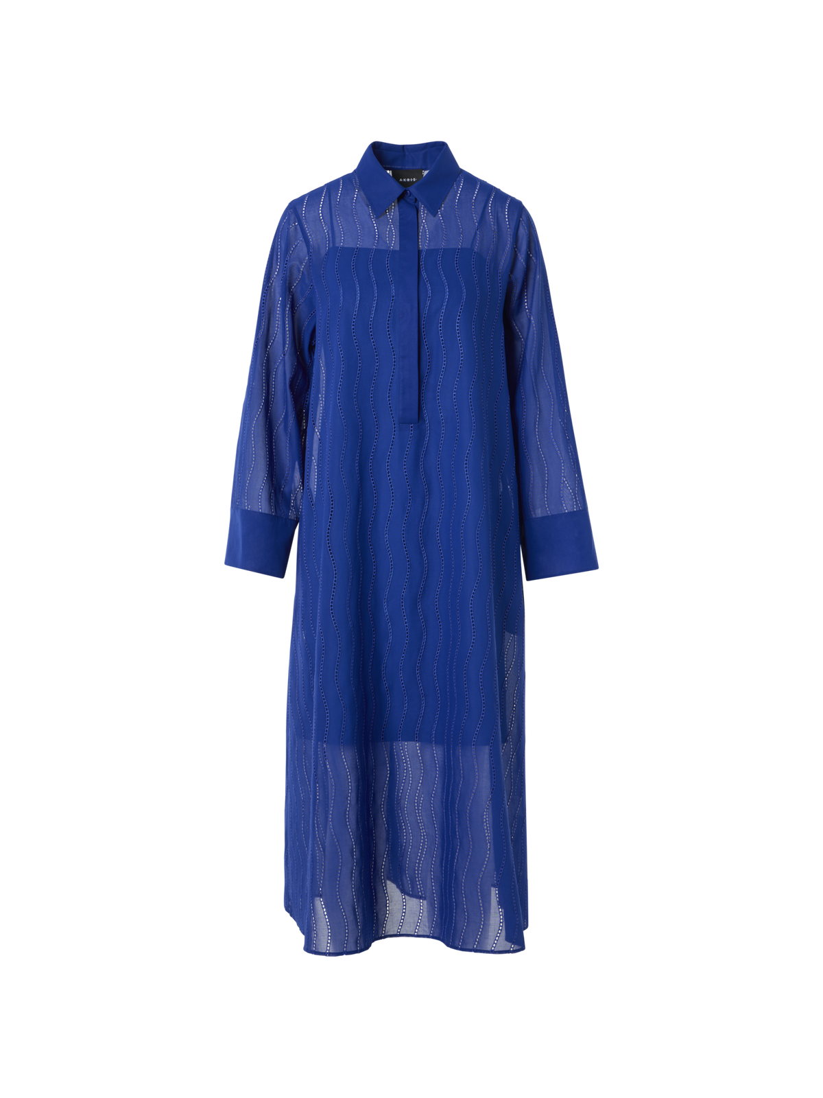Designer Midi Shirt Dress with Wave Embroidery - blue