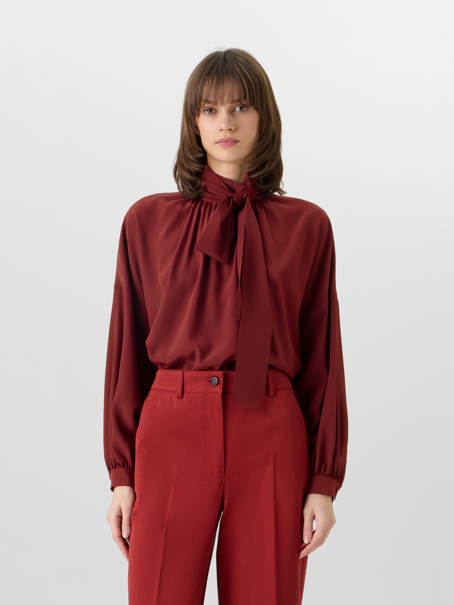 Designer Long-Sleeve Silk Crêpe de Chine Blouse - red 