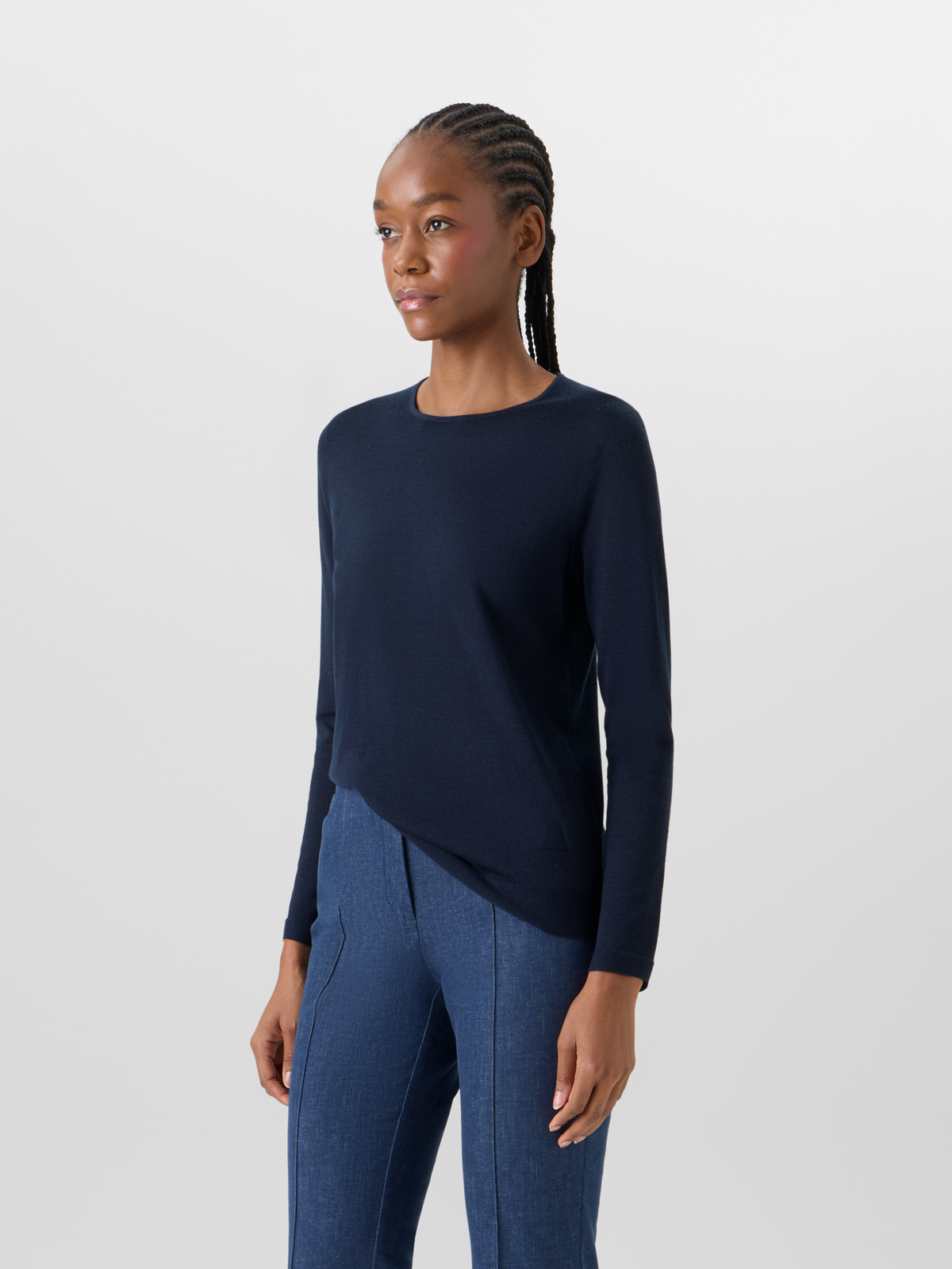 Designer Long-Sleeve Cashmere-Silk Knit Sweater - blue #editorial