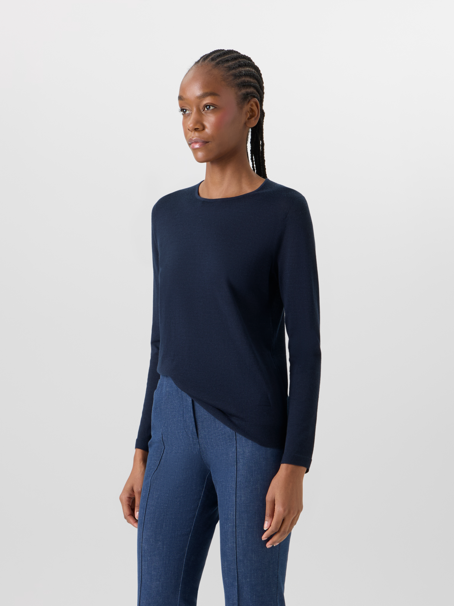 Designer Long-Sleeve Cashmere-Silk Knit Sweater - blue 