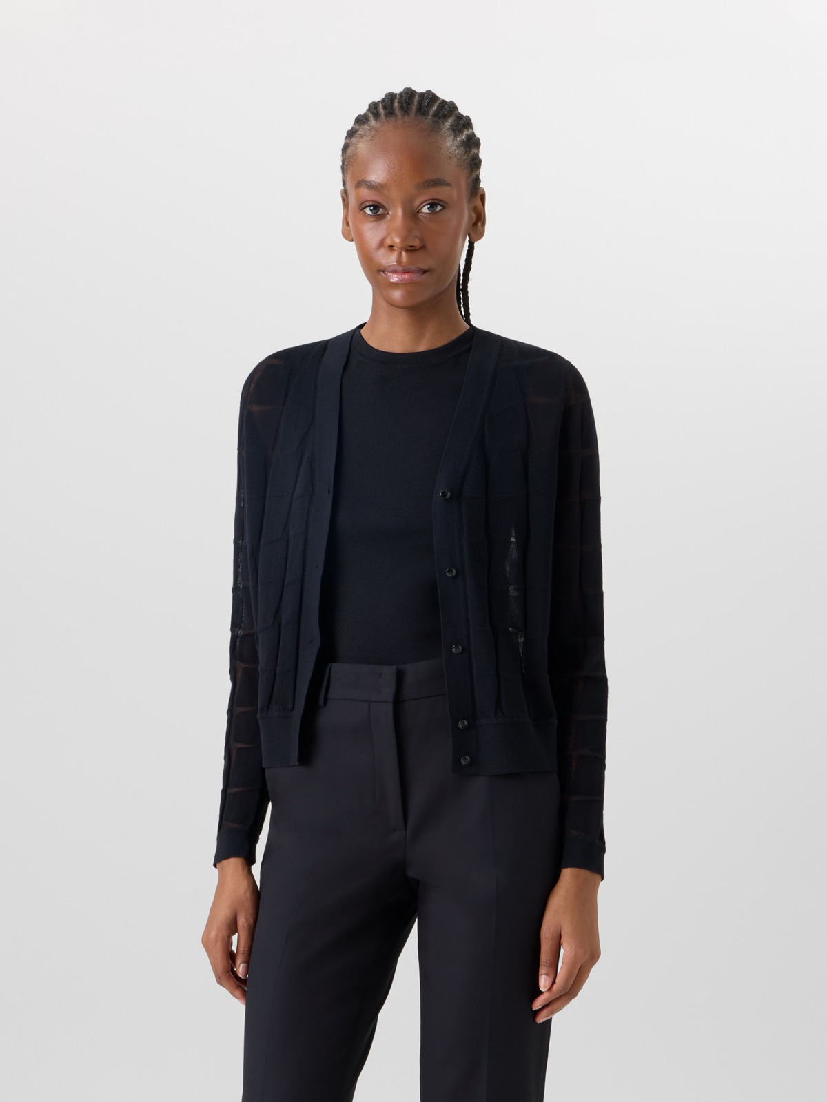 Designer Long-Sleeve Trapezoid Jacquard Knit Cardigan - black #editorial