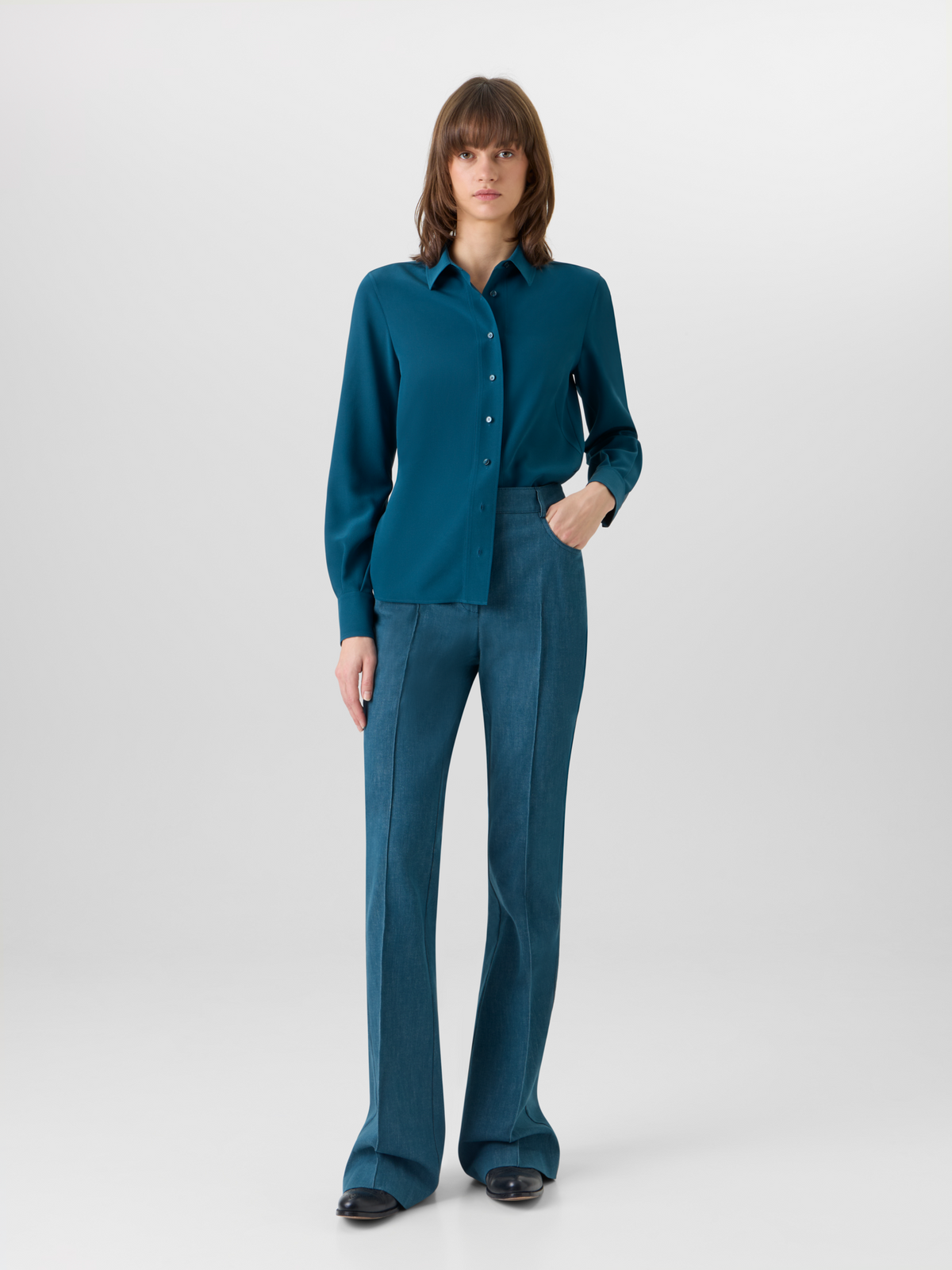 Designer Farid Bootcut Pants in Stretch-Cotton Denim - blue #editorial