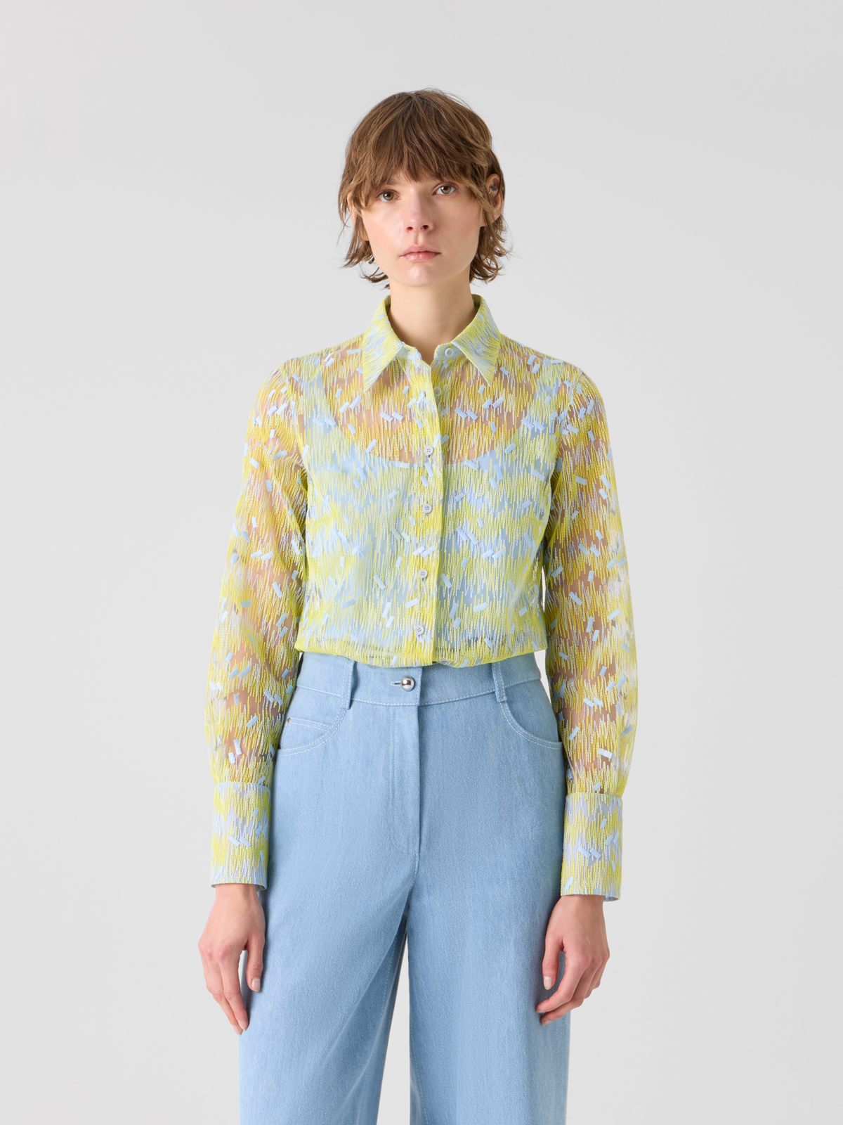Designer Scribble Dot Embroidered Tulle Blouse - yellow