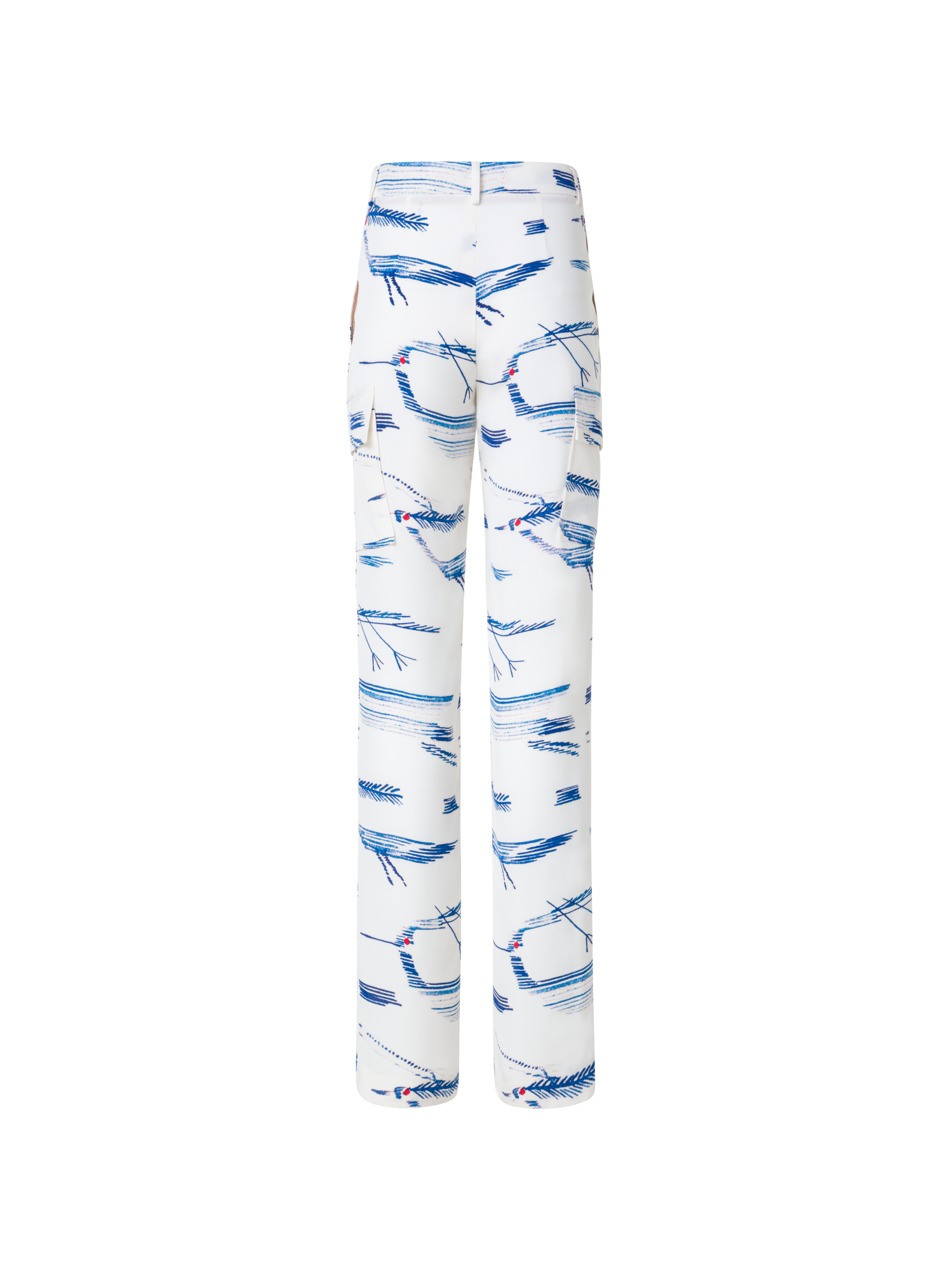 Designer Silk Cargo Pants with Kasuri Birds Print - blue - multicolor - ecru - white