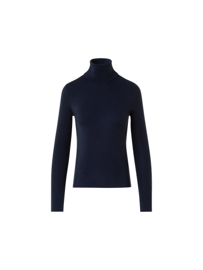 Designer Cashmere Silk Mock Neck Sweater with Rib Cuff - neutral - navy - blue