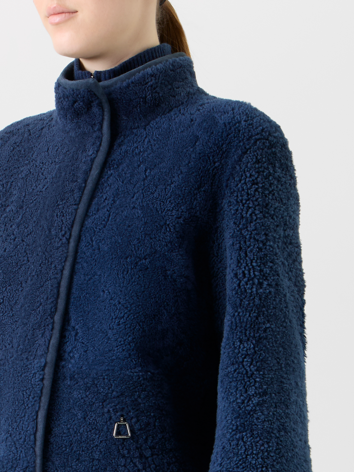 Designer Reversible Shearling Mock Neck Jacket - neutral - navy - blue #editorial