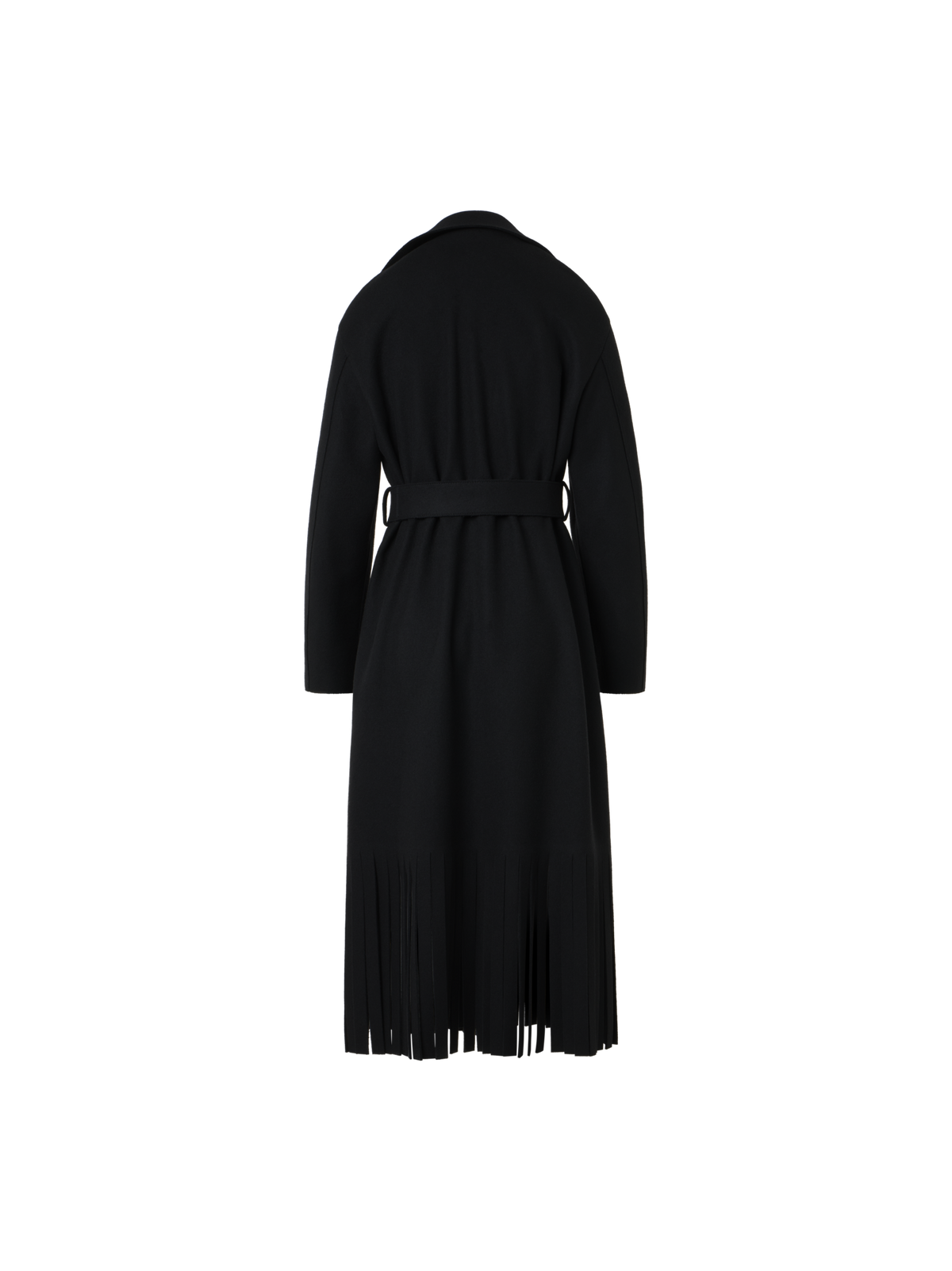 Designer Fringed Felted Wool Trench Coat - black