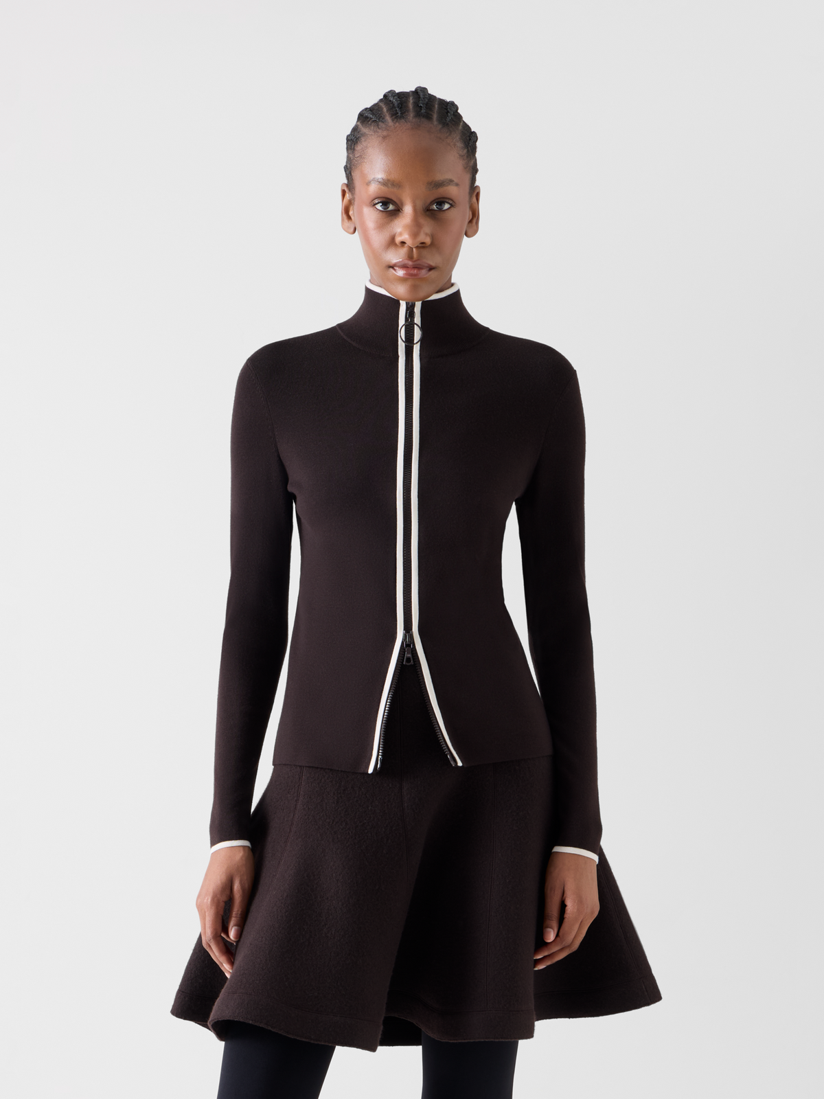 Designer Zipped Cardigan with Contrast Piping - brown 