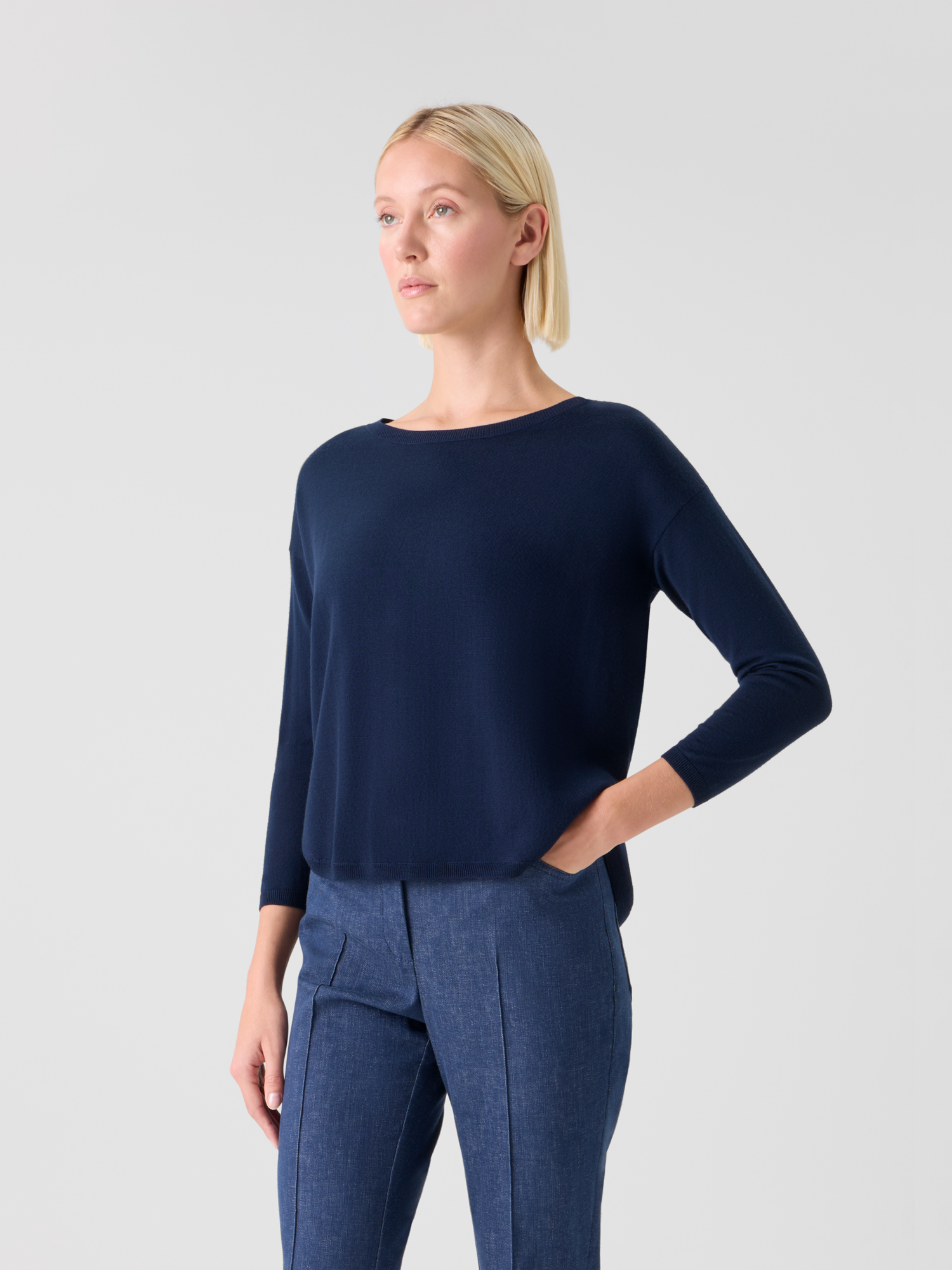 Designer Fine Merino Wool Signature Knit Sweater - navy - blue 