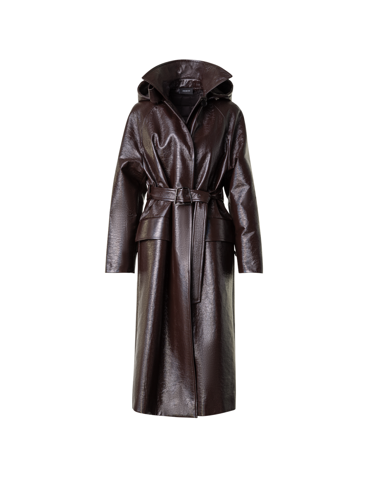 Designer Lacquer Cotton Trench Coat with Detachable Hood - brown