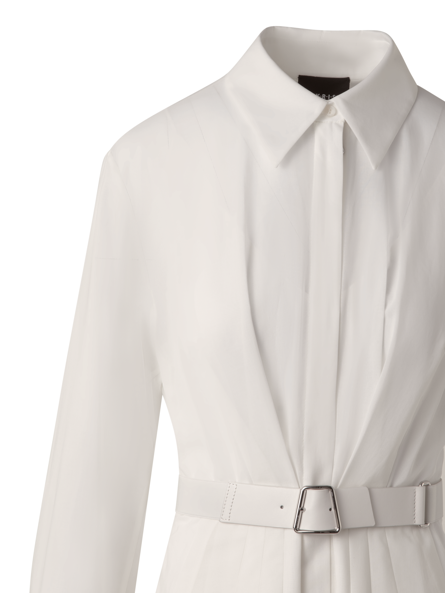 Designer Belted Long Sleeve Shirt Dress in Cotton Voile - grey - neutral - beige