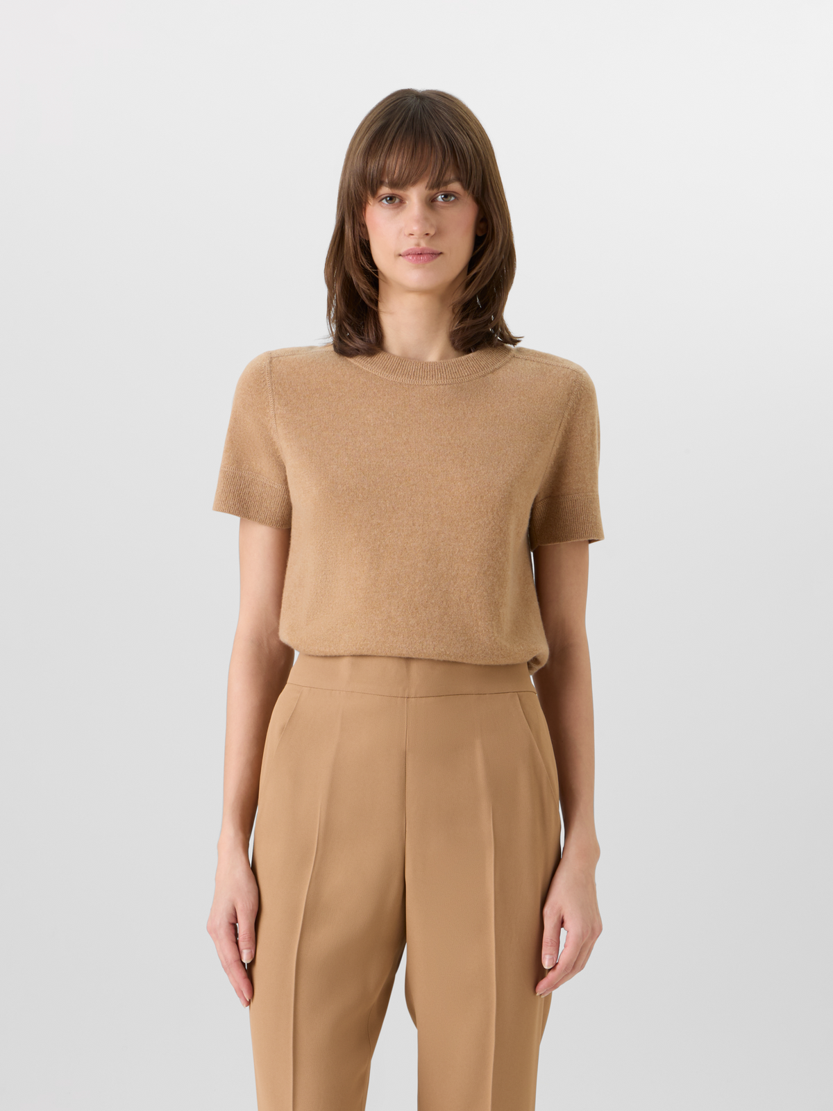 Designer Short-Sleeve Cashmere Knit Sweater - brown 